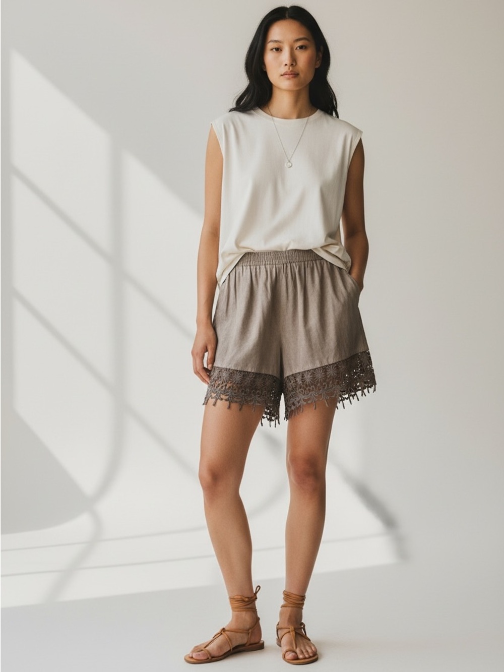Black Swan Boho Crochet Lace Hem Shorts Taupe Beige High Rise Elastic Waist S